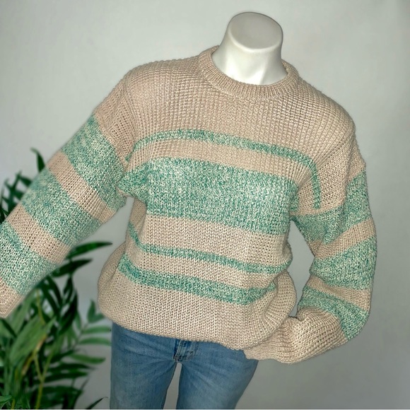 v i n t a g e :: Slouchy Ribbed Knit Natural Striped Knit Sweater - Picture 9 of 9